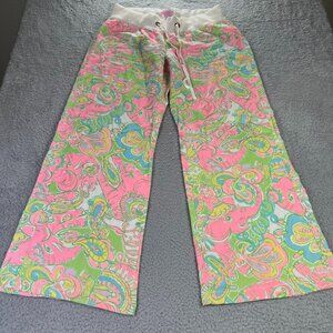 Lilly Pulitzer The Beach Pants Womens M  Pink Clolorful Elephants Wide Leg Linen